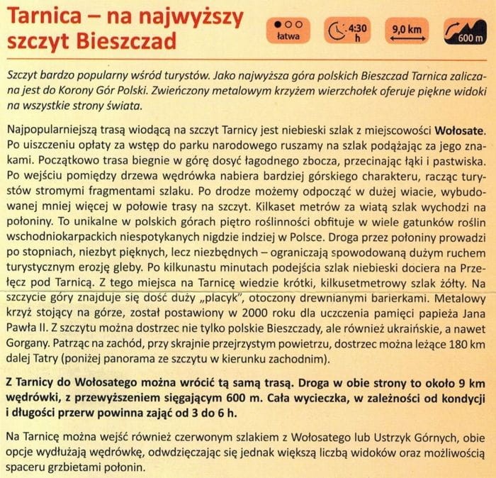 Bieszczady / Bieszczadzkie połoniny 1:25 000. Mapa turystyczna wydawnictwa Compass. Przykładowy opis wycieczki