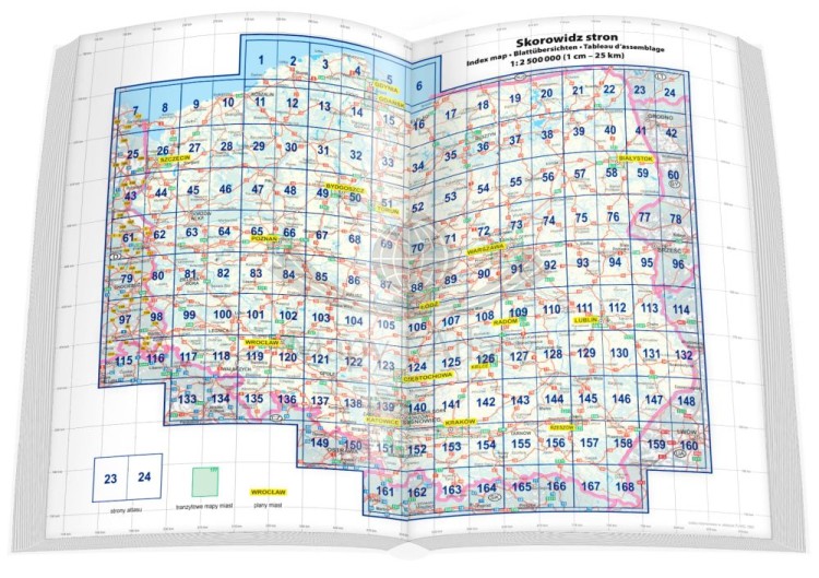 Polska 1:250 000 + Europa 1:4 000 000. Atlas samochodowy wydawnictwa ExpressMap. Skorowidz arkuszy