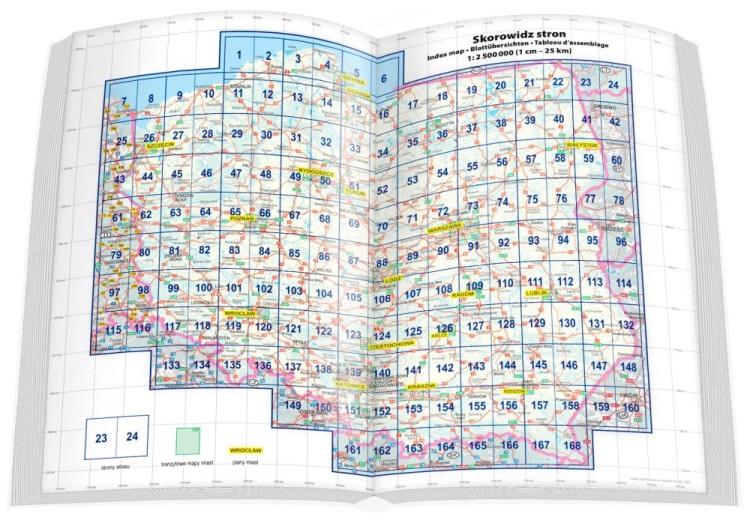 Polska 1:250 000 + Europa 1:4 000 000. Atlas samochodowy + Pierwsza pomoc wydawnictwa ExpressMap. Skorowidz arkuszy
