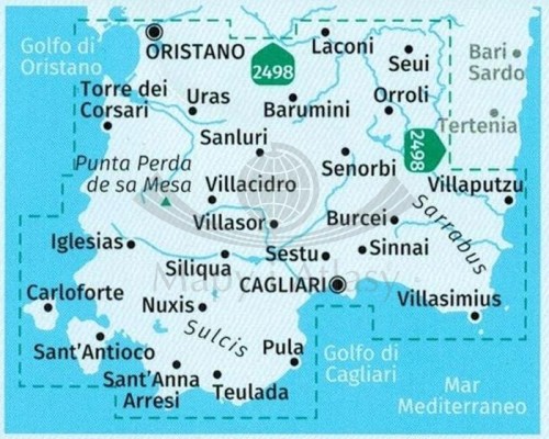 Sardynia Południowa. Zestaw czterech map turystycznych 2499 wydawnictwa Kompass. Zasięg zestawu