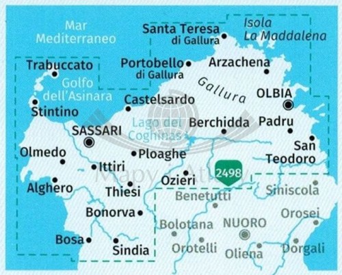 Sardynia Północna. Zestaw czterech map turystycznych 2497 wydawnictwa Kompass. Zasięg zestawu