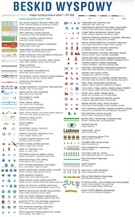 Beskid Wyspowy i Pogórze Wiśnickie 1:50 000. Mapa turystyczna wydawnictwa Compass. Legenda