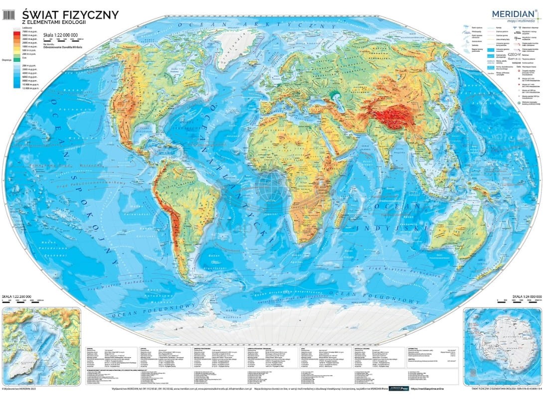 Świat 1:22 000 000. Mapa ścienna fizyczna z elementami ekologii. Drewniane półwałki
