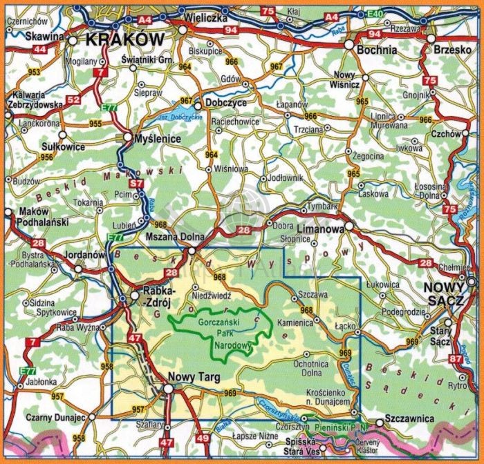 Gorce 1:40 000. Laminowana mapa turystyczna wydawnictwa Compass. Zasięg