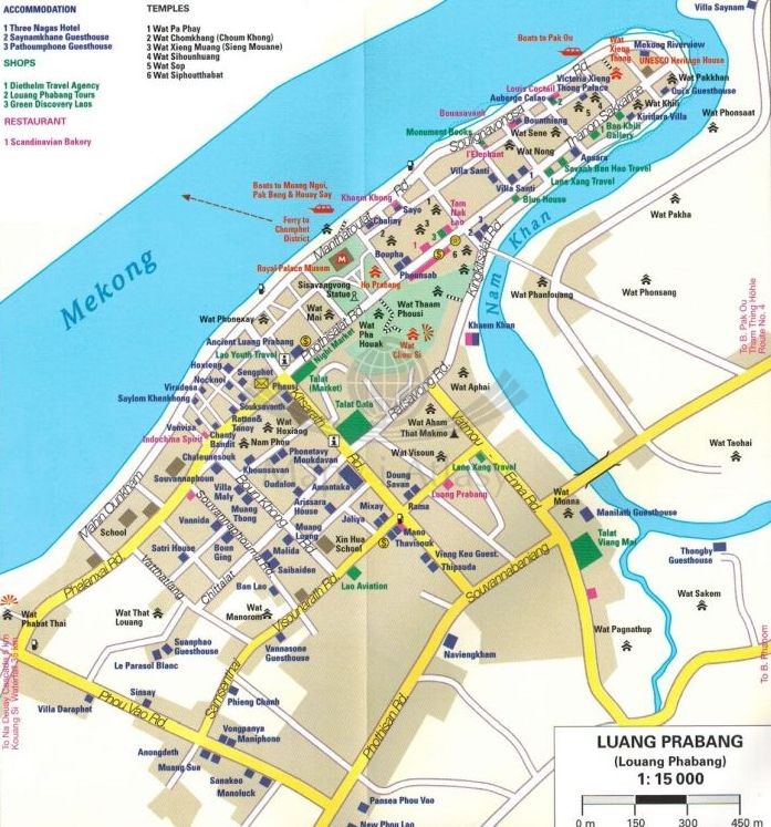 Laos 1:600 000 Wodoodporna mapa samochodowa wydawnictwa  Reise Know-How.  Przykładowy plan miasta - fragment