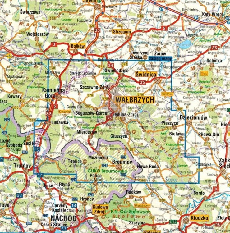 Sudety Środkowe 1:40 000 Góry Sowie, Kamienne, Wałbrzyskie. Mapa turystyczna wydawnictwa Galileos. Zasięg