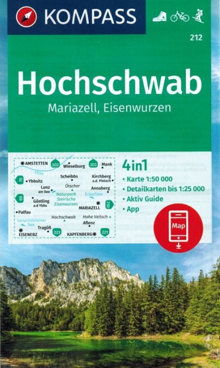 Hochschwab. Mariazell, Eisenwurzen. Mapa turystyczna 212 wydawnictwa Kompass. Okładka