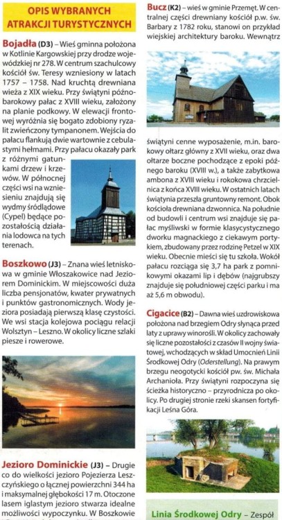 Pojezierze Sławskie 1:75 000. Od Leszna do Zielonej Góry. Mapa turystyczna. Wydawnictwa Galileos. Fragment opisanych atrakcji