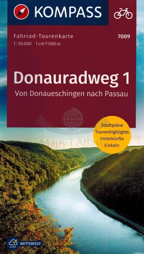 Naddunajska Trasa Rowerowa (Donauradweg 1). Laminowana mapa turystyczna, rowerowa 7009. Kompass