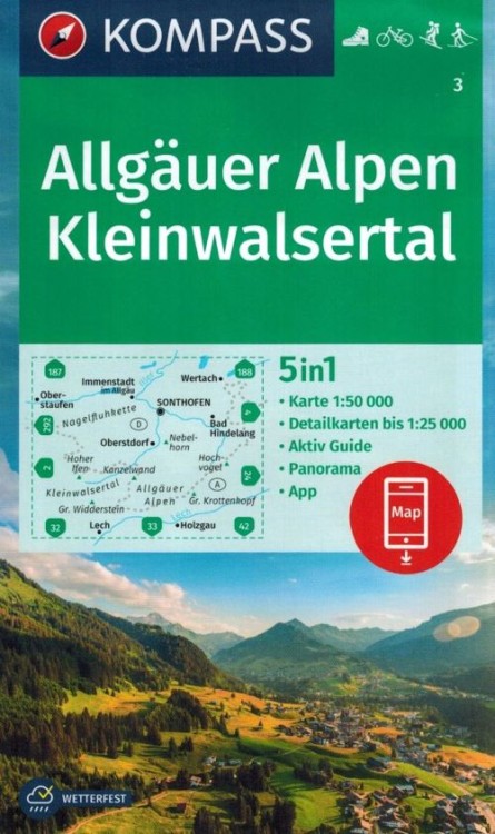 Alpy Algawskie / Allgauer Alpen, Kleinwalsertal. Wodoodprona mapa turystyczna 3 wydawnictwa Kompass. Okładka