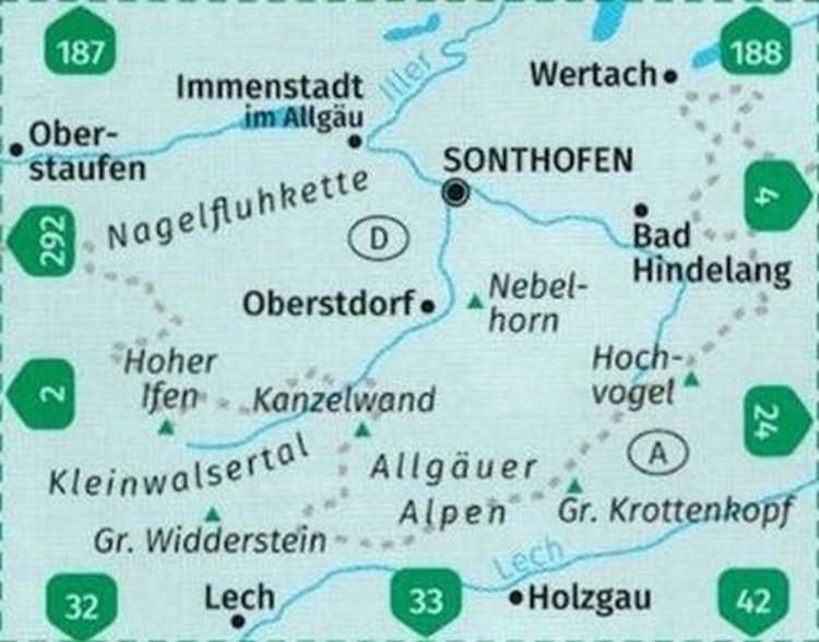 Alpy Algawskie / Allgauer Alpen, Kleinwalsertal. Wodoodprona mapa turystyczna 3 wydawnictwa Kompass. Zasięg
