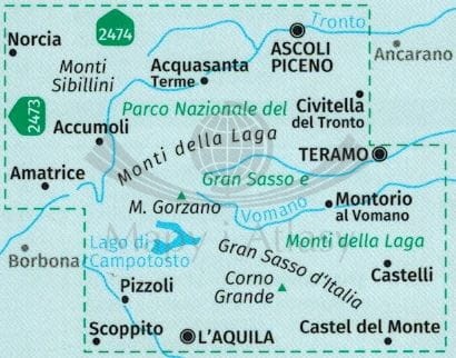 Park Narodowy Gran Sasso i Monti della Laga. Laminowana mapa turystyczna 2476 wydawnictwa Kompass. Zasięg