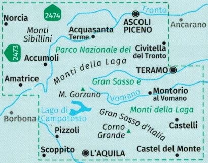 Park Narodowy Gran Sasso i Monti della Laga. Laminowana mapa turystyczna 2476 wydawnictwa Kompass. Zasięg