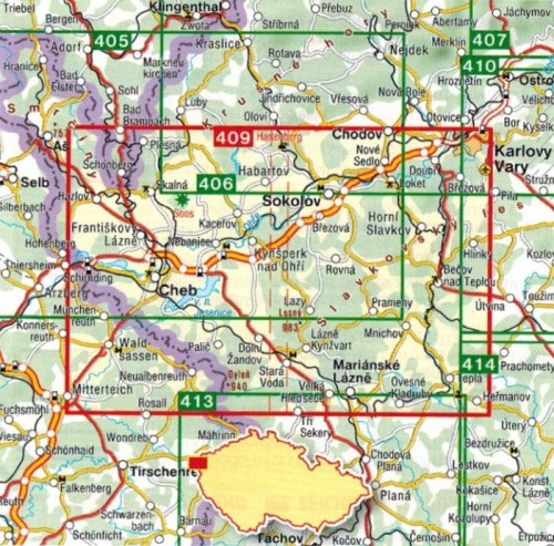 Zachodnioczeskie Uzdrowiska, Las Sławkowski / Zapadoceske Lazne, Slavkovsky Les. Mapa turystyczna 409. Wyd. Shocart. Zakres