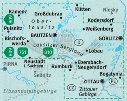 Górne Łużyce, Góry Żytawskie. Wodoodporna mapa turystyczna 811 wydawnictwa Kompass.  Zasięg