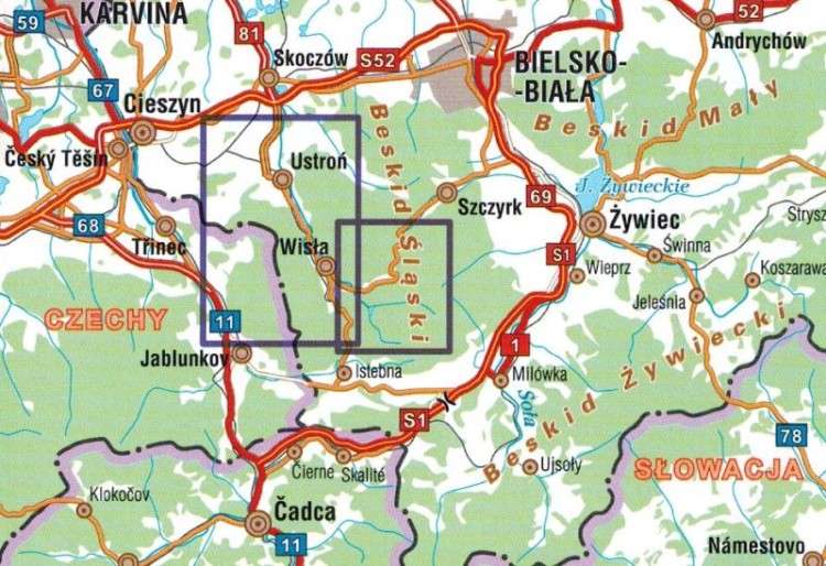 Wisła , Ustroń i okolice 1:20 000. Mapa turystyczna wydawnictwa Galileos. Zasięg