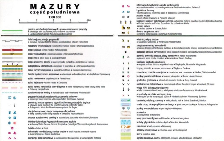 Mazury, część południowa 1:60 000. Laminowana mapa turystyczna wydawnictwa ExpressMap. Legenda