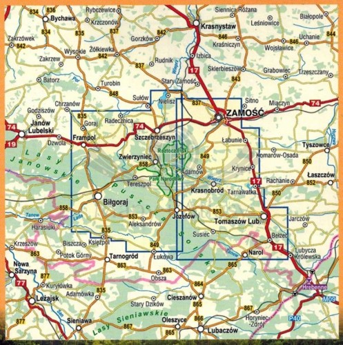 Roztocze Środkowe 1:50 000. Laminowana mapa turystyczna wydawnictwa Compass. Zasięg