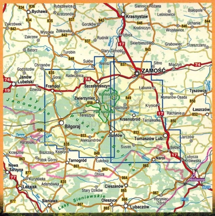 Roztocze Środkowe 1:50 000. Laminowana mapa turystyczna wydawnictwa Compass. Zasięg