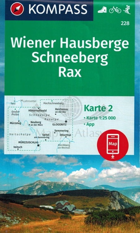 Wiener Hausberge, Schneeberg, Rax. Zestaw dwóch map turystycznych 228 wydawnictwa Kompass. Mapa 2 - okładka