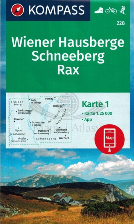 Wiener Hausberge, Schneeberg, Rax. Zestaw dwóch map turystycznych 228 wydawnictwa Kompass. Mapa 1 - okładka
