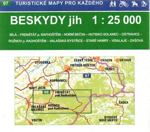 Beskid Śląsko-Morawski, cz. południowa / Beskydy Jih. Mapa turystyczna 98 wydawnictwa Geodezie On Line. Zasięg