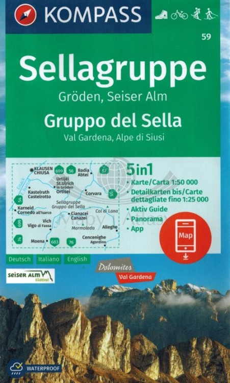 Sellagruppe, Groden, Seiser Alm / Gruppo di Sella, Val Gardena, Alpe di Siusi, Marmolada. Wodoodporna mapa turystyczna 59 wydawnictwa Kompass. Okładka