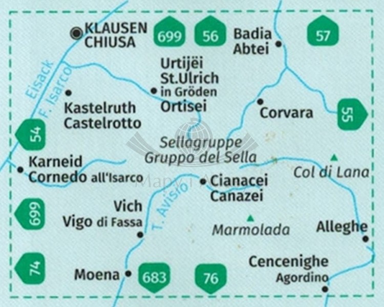Sellagruppe, Groden, Seiser Alm / Gruppo di Sella, Val Gardena, Alpe di Siusi, Marmolada. Wodoodporna mapa turystyczna 59 wydawnictwa Kompass. Zasięg