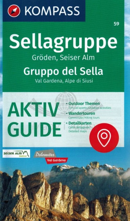Sellagruppe, Groden, Seiser Alm / Gruppo di Sella, Val Gardena, Alpe di Siusi, Marmolada. Wodoodporna mapa turystyczna 59 wydawnictwa Kompass. Informator - okładka