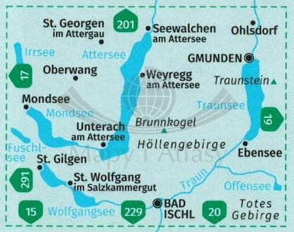 Nordliches Salzkammergut. Wolfganasee, Attersee, Traunsee. Wodoodporna mapa turystyczna 18 wydawnictwa Kompass. Zasięg