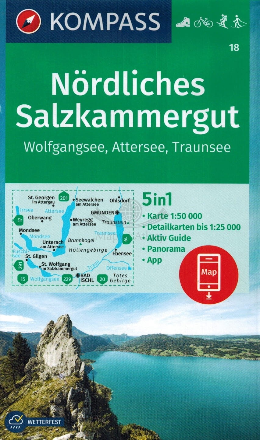 Nordliches Salzkammergut. Wolfganasee, Attersee, Traunsee. Wodoodporna mapa turystyczna 18. Kompass
