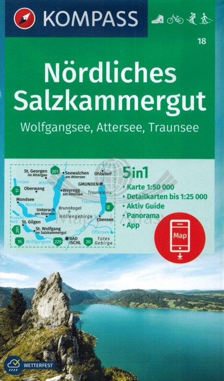 Nordliches Salzkammergut. Wolfganasee, Attersee, Traunsee. Wodoodporna mapa turystyczna 18 wydawnictwa Kompass. Okładka