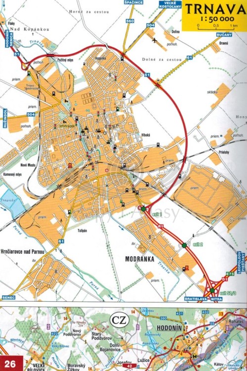 Słowacja,1:200 000 atlas samochodowy wydawnictwa Shocart. Przykładowy plan miasta - fragment