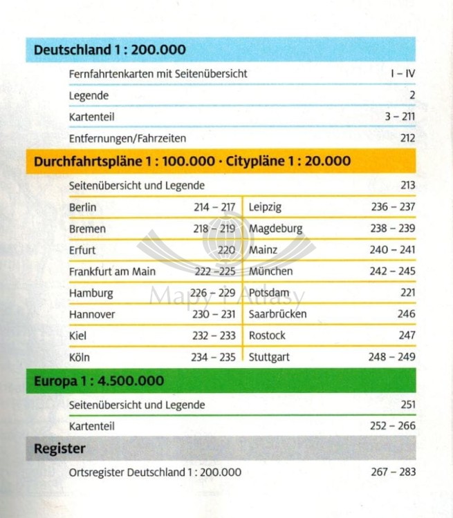 Niemcy 1:200 000 / Europa 1:4 500 000. Atlas samochodowy wydawnictwa ADAC. Spis treści