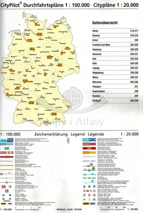 Niemcy 1:200 000 / Europa 1:4 500 000. Atlas samochodowy wydawnictwa ADAC. Plany miast - skorowidz i legenda