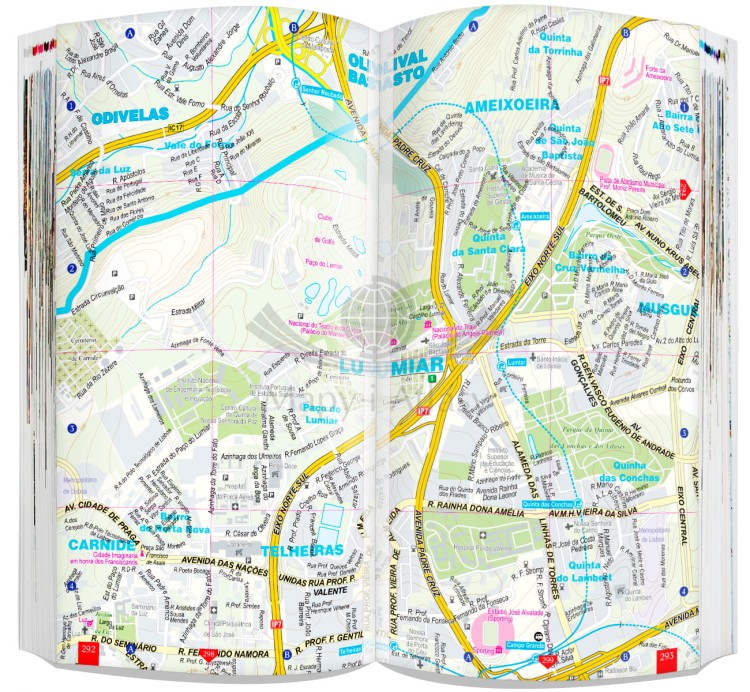 Lizbona i Środkowa Portugalia 3 w 1. Przewodnik, atlas, laminowana mapa wydawnictwa ExpressMap. Przykładowe strony atlasu