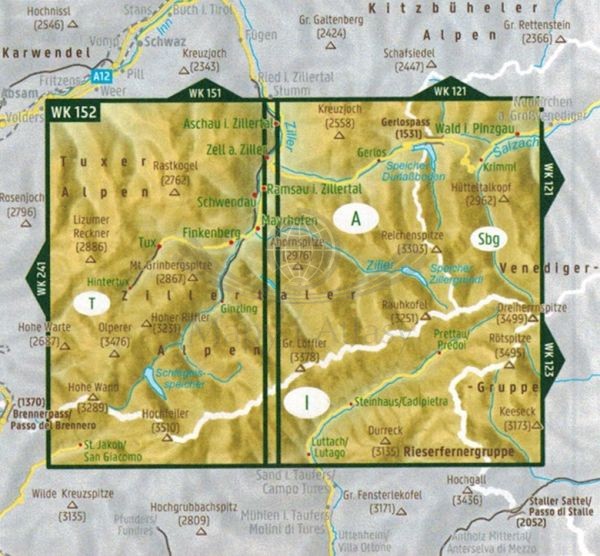 Mayrhofen, Zillertaler Alpen. Mapa turystyczna WK 152 wydawnictwa Freytag & Berndt. Zasięg