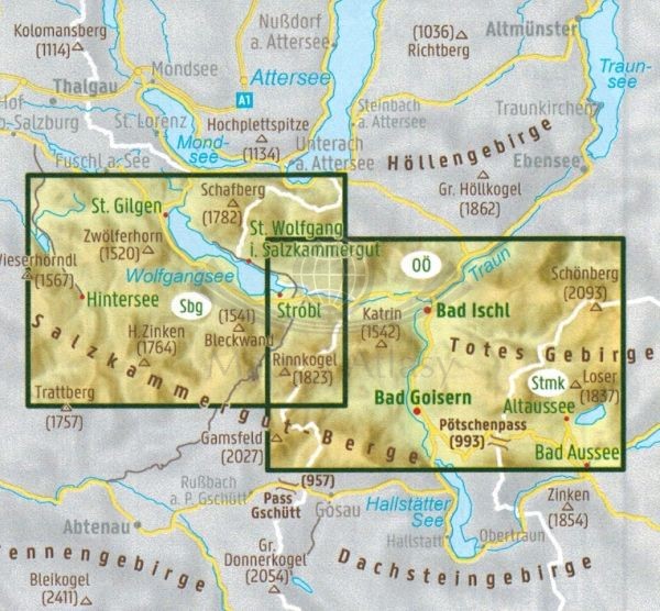 Bad Ischl, Wolfgangsee, Hinter, Altausseer See 1:30 000. Mapa samochodowo-turystyczna wydawnictwa Freytag & Berndt. Zasięg