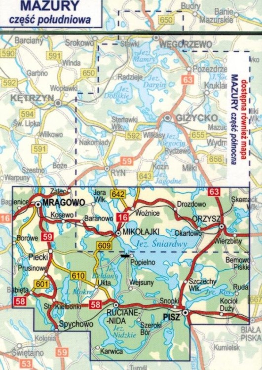 Mazury, część południowa 1:60 000. Laminowana mapa turystyczna wydawnictwa ExpressMap. Zasięg