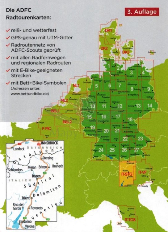 Południowy Tyrol, Trydent, Jezioro Garda 1:150 000. Wodoodporna mapa rowerowa. Zasięg