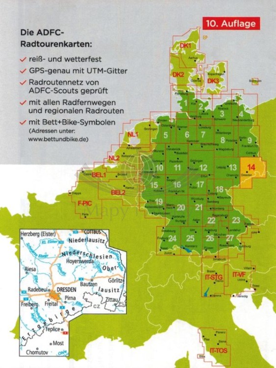Łużyce i Wschodnie Rudawy 1:150 000. Wodoodporna mapa rowerowa. Wydawnictwa ADFC. Zasięg