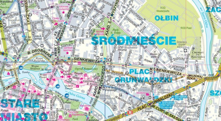 Wrocław 1:22 500. Foliowana mapa / Plan miasta wydawnictwa ExpressMap. Fragment