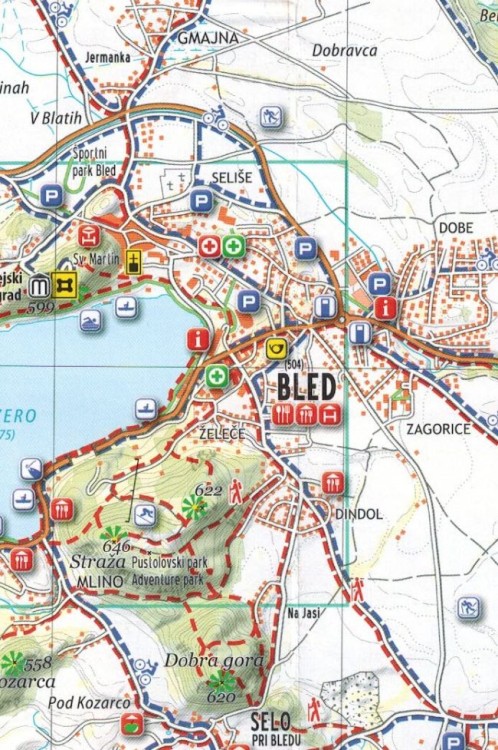 Bled 1:25 000. Kieszonkowa mapa turystyczna wydawnictwa Kartografija. Fragment