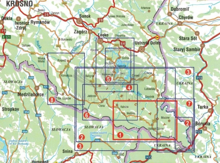 Bieszczady - połoniny 1:25 000. Wodoodporna mapa turystyczna wydawnictwa Galileos. Zasięg (czerwona ramka)