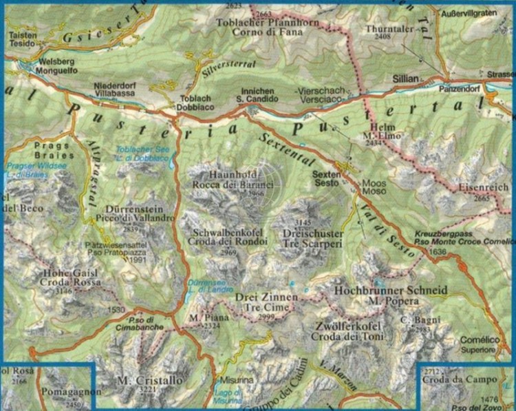 Sextener Dolomiten / Dolomiti di Sesto. Mapa turystyczna 010 wydawnictwa Tabacco. Zasięg