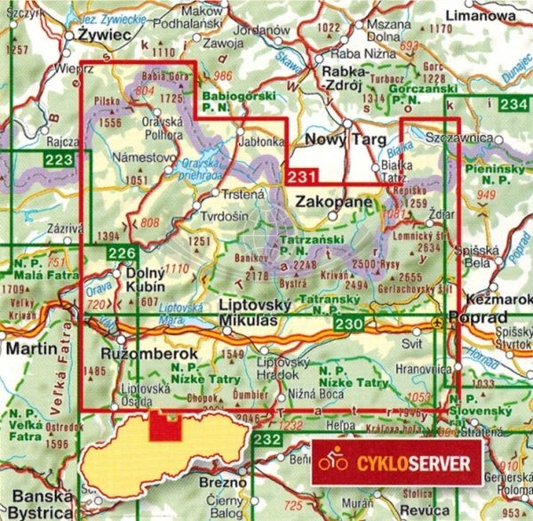 Wysokie Tatry. Liptów, Orawa. Mapa turystyczna 231 wydawnictwa Shocart. Zasięg