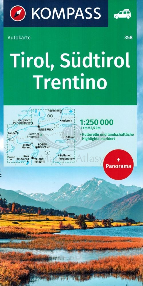 Tyrol, Tyrol Południowy, Trydent 1:250 000. Mapa samochodowo-turystyczna i panoramiczna 358. Kompass