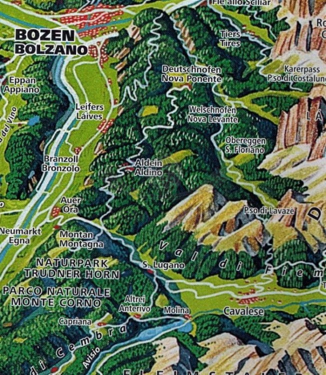 Tyrol, Tyrol Południowy, Trydent 1:250 000. Mapa samochodowo-turystyczna i panoramiczna 358 wydawnictwa Kompass. Fragment 2
