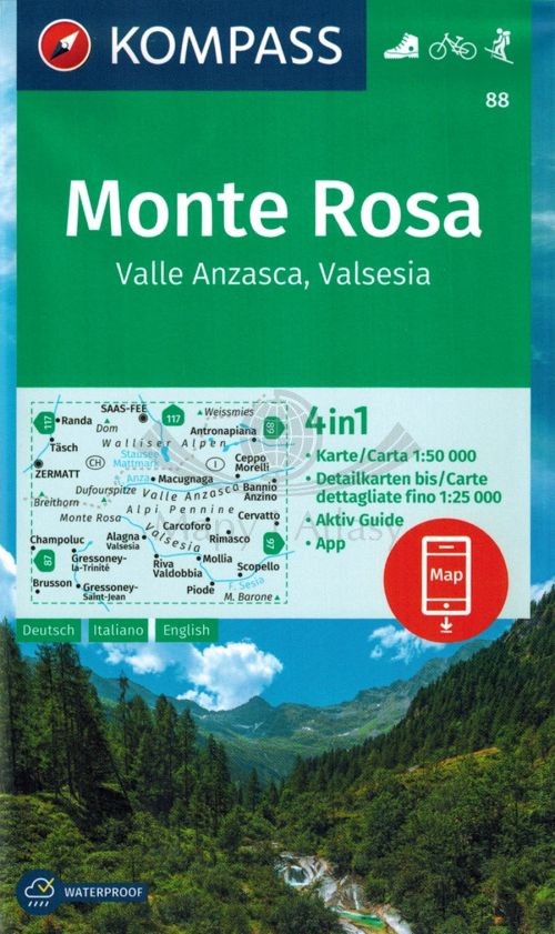 Monte Rosa. Valle Anzasca, Valsesia. Wodoodporna mapa turystyczna 88. Kompass