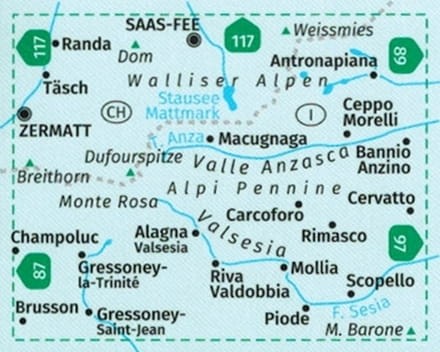 Monte Rosa. Valle Anzasca, Valsesia. Wodoodporna mapa turystyczna 88 wydawnictwa Kompass. Zasięg